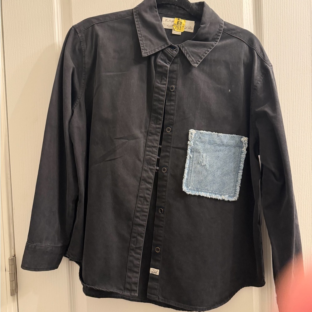 Woman’s vintage Havana Black Button-Up Shirt with Light Blue Patch Pocket